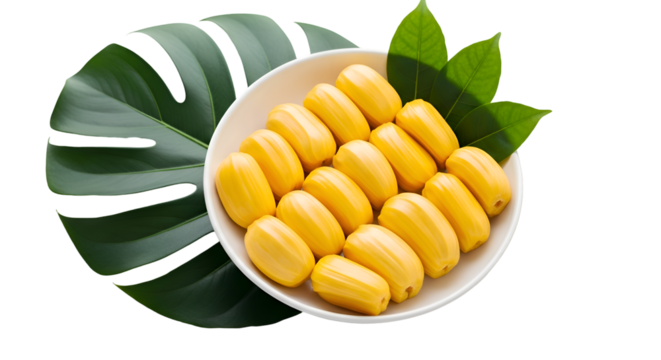 Fresh Jackfruit Segments Arranged in Bowl with Tropical Leaves on Black Backdrop