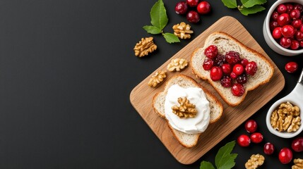 Rustic Wooden Cutting Board with Fresh Bread and Assorted Nuts Displayed