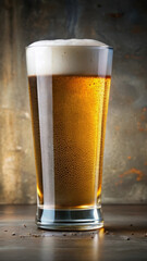 Modern beer presentation with perfect foam head on sleek metal, beverage marketing ready, beverage styling ideal for product launches and ads