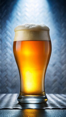 Crisp beer glass filled to the brim with thick foam, industrial metal surface, industrial pub aesthetic perfect for brewery advertising and bar promotions