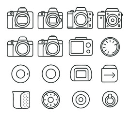 Professional Camera Bodies line art icons. full-frame camera, APS-C camera, medium format camera, cinema camera, mirrorless body, DSLR body, top LCD screen, mode dial, lens release