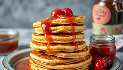 Golden-brown pikelets, stacked high, drizzled with jam, golden, breakfast