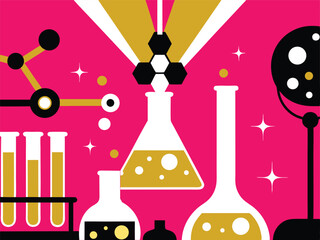 Colorful Chemistry Laboratory Glassware Vector Illustration with Chemical Reactions