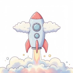 Pastel Pixel Art Rocket Launching Through Clouds
