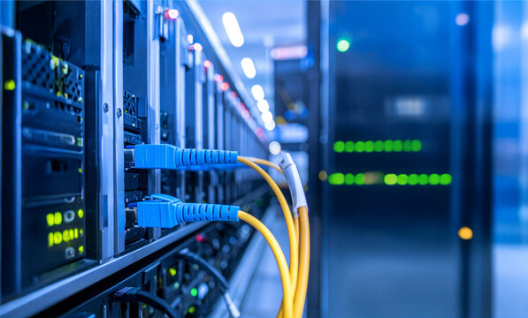 Modern data center network cables and server rack with blue LED lights, high-tech infrastructure background for cloud computing and cybersecurity concepts
