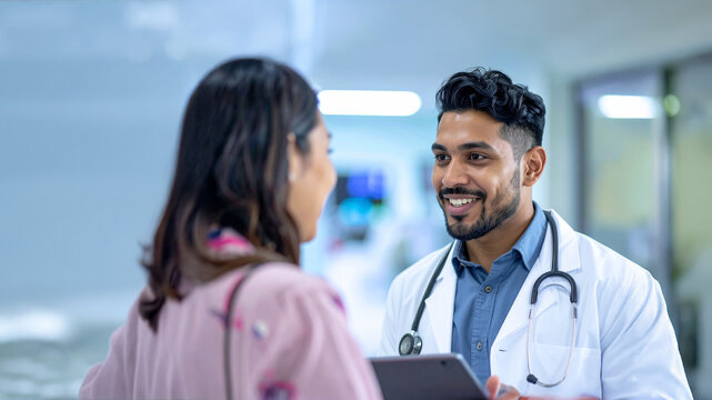 Smiling male doctor consulting a young female patient in a modern hospital corridor with tablet in hand, representing trust, digital healthcare, and compassionate medical service