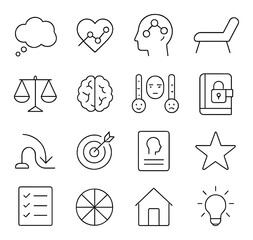 Mental Wellness Notes line art icons. thought bubble, check-in chart, mind map, therapy couch, balance scale, brain icon, emotion scale, journal lock, resilience icon, personal