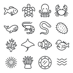 Underwater Life line art icons. fish, sea turtle, octopus, crab, whale, shrimp, eel, sea cucumber, coral branch, manta ray, clownfish, anglerfish, sea urchin, sea anemone,