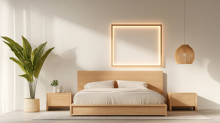 Modern minimalist bedroom design featuring natural elements and warm lighting for a cozy atmosphere