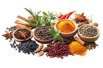 Aromatic spice symphony: An eye-level shot of colorful, vibrant herbs and spices, carefully arranged in wooden bowls. This image evokes a sense of culinary exploration and sensory delight.
