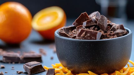Delicious Bowl of Rich Chocolate and Fresh Oranges on Rustic Table