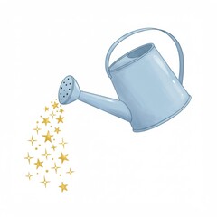 Blue Watering Can Pouring Gold Stars Illustration