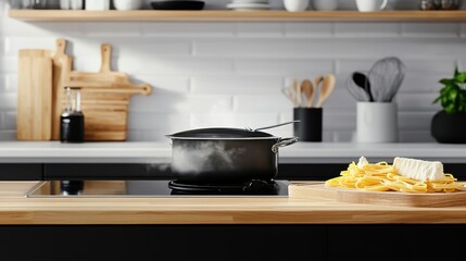 Delicious Pasta Dish in a Pot on Wooden Cutting Board Ready to Serve