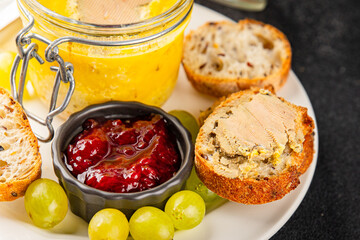 Foie gras goose liver appetizer delicacy fresh delicious gourmet food background on the table rustic food top view copy space