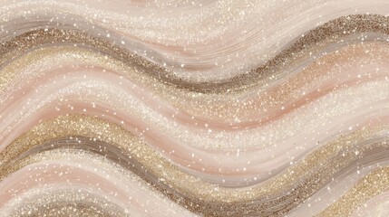 Obraz premium Abstract wavy pattern with textured layers in beige, brown, and gold tones, enhanced with glitter and sparkle effects creating a luxurious and elegant visual.