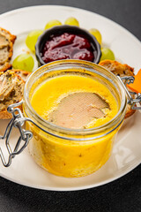 Foie gras goose liver appetizer delicacy fresh delicious gourmet food background on the table rustic food top view copy space
