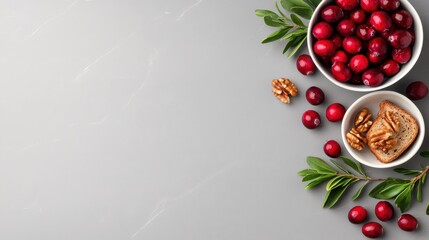 Colorful Bowls of Fresh Cranberries and Nuts on Gray Background Display