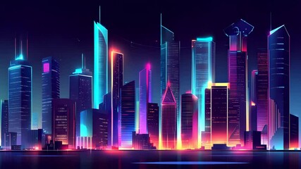 Animated virtual city skyline with neon buildings and ambient lighting, featuring loop motion and AI theme - Powered by Adobe