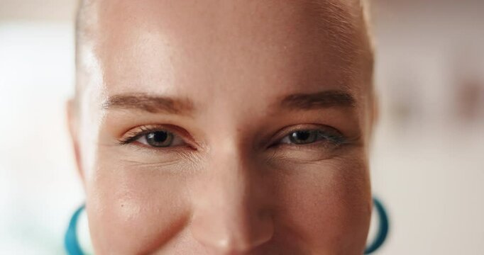 Face, eye care and woman closeup for vision, optometry and contact lenses. Portrait, ophthalmology and happy person with eyesight correction for wellness, eyelashes and glaucoma exam for health