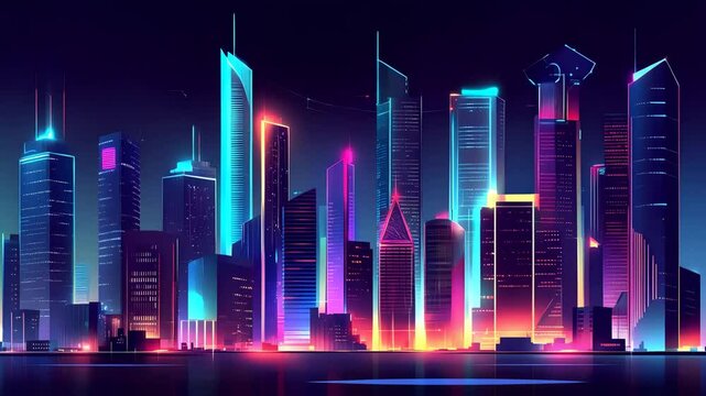 Animated virtual city skyline with neon buildings and ambient lighting, featuring loop motion and AI theme - Powered by Adobe