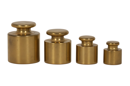 Brass calibration weights decreasing in size isolated on a transparent background