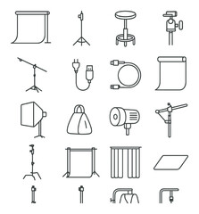 Studio Setup line art icons. backdrop roll, light stand, posing stool, tripod mount, boom arm, power cable, tether cable, seamless paper, softbox light, sandbag, studio light icon,