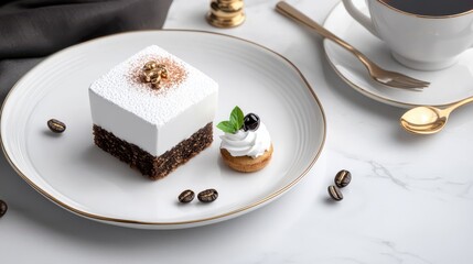 Deliciously Decorated Cake on White Plate Against Simple Background