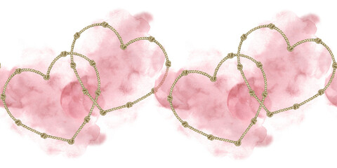 Hearts made of rope with knots on a background of pink watercolor spots. Horizontal seamless curb. For printing, postcards, packaging, covers, fabric.
