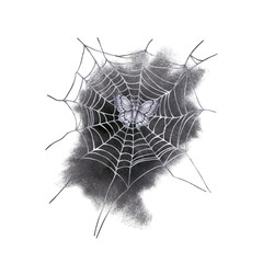 A night moth in the center of a spider web against a dark watercolor spot.