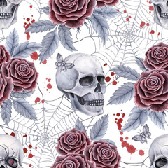 Seamless pattern with roses and skulls. Watercolor illustration for fabric, wrapping paper, cover, packaging.