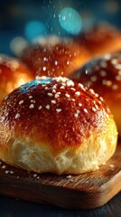 Freshly baked sweet bread rolls with sugar topping on a wooden board in a warm kitchen setting