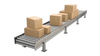 Cardboard boxes on industrial roller conveyor isolated on a transparent background