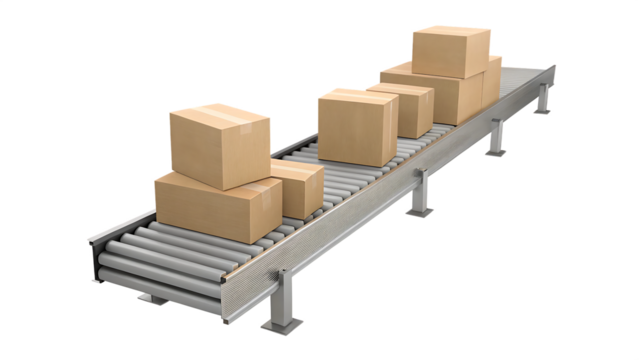 Cardboard boxes on industrial roller conveyor isolated on a transparent background
