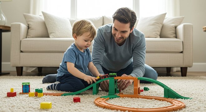 A father and son happily play with a toy train set at home on the carpet, creating a joyful moment.