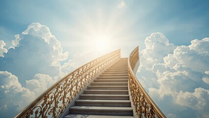 Fototapeta premium The radiant golden staircase ascending toward the sky represents the journey to a new existence, symbolizing hope, transition, and the passage to another life beyond