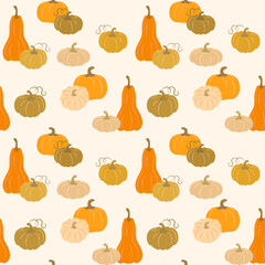 Seamless Pumpkins and Gourds Pattern in Warm Autumn Colors Vector Illustration