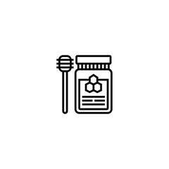 This is a black-and-white line icon showing a jar of honey and a honey dipper stick. The jar features a honeycomb design on its label, signifying purity and nature. This icon symbolizes natural ingred