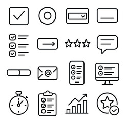 Online survey tools line art icons. checkbox, radio button, dropdown menu, text input, multiple choice, submit button, rating stars, comment box, progress bar, email invite, mobile