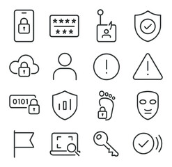 Cyber Safety Awareness line art icons. locked screen, password pad, phishing hook, privacy shield, secure cloud, user profile, notification alert, warning triangle, encryption icon