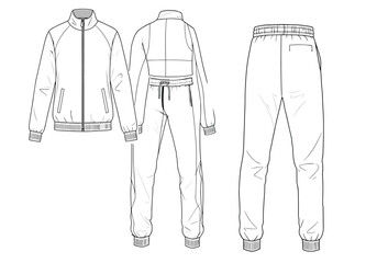 Women's tracksuit technical flat sketch set, featuring a zip-up bomber jacket and jogger pants, a vector illustration for apparel design.