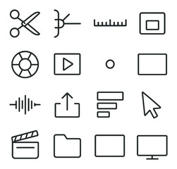 Editing Tools & Icons line art icons. cut tool, trim icon, timeline bar, razor tool, color wheel, transition icon, keyframe dot, video frame, audio wave, export button, track