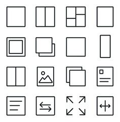 Visual Content Templates line art icons. grid layout, single frame, split screen, collage icon, story template, caption block, border frame, overlay graphic, square post, vertical