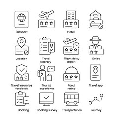 Travel surveys line art icons. passport icon, airplane feedback, hotel satisfaction, room rating, location pin, travel itinerary, flight delay report, guide rating, travel