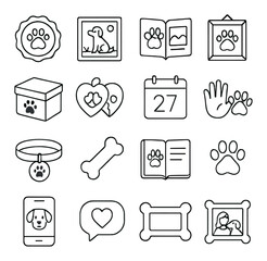 Dog Day Memories line art icons. paw print stamp, photo frame, scrapbook icon, framed paw, memory box, friendship charm, adoption date icon, handprint and pawprint, custom collar