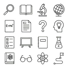 Education tools line art icons. magnifying glass, textbook, microscope, globe, formula page, research paper, question mark, knowledge icon, exam sheet, chalkboard, student notebook