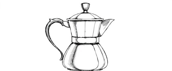 Intricate hand-drawn illustration of a cezve coffee pot, showcasing details of its curved body and handle,  drawing,  oriental