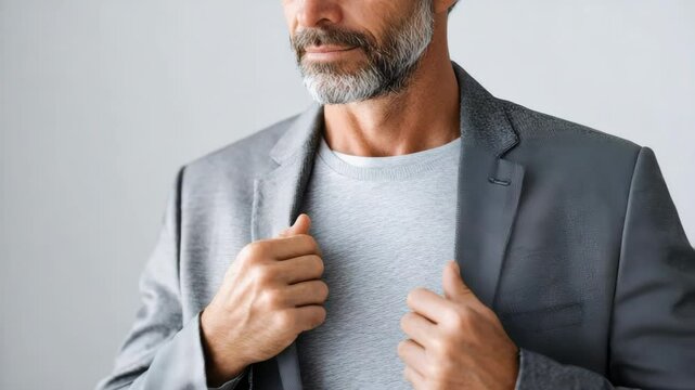 Mature man with gray beard in stylish blazer and casual t shirt, adjusting jacket confidently, modern fashion, confident and relaxed mood, close up, salt and pepper beard, professional and stylish