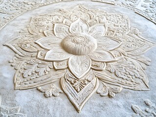 Intricate Floral Mandala Design, Beige Embossed Texture, Relief Ornament