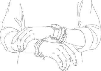 Minimalist Line Art Illustration of Hands with Watch and Fashion Bracelets