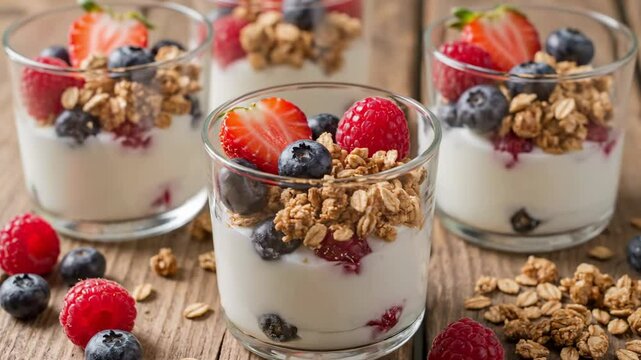 Yogurt parfaits with berries  granola are displayed on a wooden surface